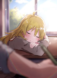 Rule 34 | 1girl, 1other, blazer, blonde hair, blush, classroom, commentary request, day, desk, facing viewer, from side, hair between eyes, highres, hoshii miki, idolmaster, idolmaster (classic), idolmaster million live!, idolmaster million live! theater days, indoors, jacket, leaning on table, long hair, meno (imas ll), on table, parted lips, school desk, school uniform, sitting, sleeping, sleeping upright, solo focus, table, upper body, very long hair