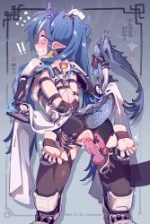 Rule 34 | 1girl, arknights, arms behind back, bdsm, black thighhighs, blue eyes, blue hair, bondage, bound, bound arms, breasts, commission, dragon horns, dragon tail, exoskeleton, hair between eyes, highres, horns, imazawa, ling (arknights), long hair, looking at viewer, pointy ears, resolution mismatch, restrained, reverse prayer, second-party source, short shorts, shorts, solo, source larger, spread toes, tail, thighhighs, toeless legwear, toes, very long hair