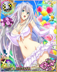 Rule 34 | 10s, 1girl, antenna hair, balloon, blue eyes, blush, bouquet, breasts, card (medium), character name, chess piece, cleavage, covered erect nipples, flower, gloves, hair ribbon, happy, high school dxd, high school dxd born, large breasts, long hair, midriff, navel, official art, open mouth, ribbon, rook (chess), rossweisse, silver hair, solo, stomach, trading card, very long hair
