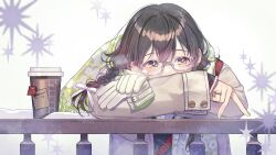 Rule 34 | 1girl, black hair, blurry, blush, braid, cevio, cherico, commentary request, cup, depth of field, facing viewer, glasses, gloves, unworn gloves, green eyes, hanakuma chifuyu, jacket, jewelry, long hair, long sleeves, looking at object, open clothes, open jacket, pose request, ring, scarf, semi-rimless eyewear, simple background, snow, solo, synthesizer v, twin braids, upper body, white background, white gloves, white scarf
