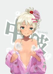 Rule 34 | 1girl, :q, alakoala, blonde hair, blush, bow, breasts, censored, dated, floral print, flower, grecale (kancolle), green eyes, hair bow, hair bun, hair flower, hair ornament, highres, japanese clothes, kantai collection, kimono, looking at viewer, off shoulder, official alternate costume, open clothes, open kimono, pink bow, pink flower, pink kimono, red flower, single hair bun, small breasts, smoke, smoke censor, solo, tongue, tongue out