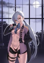 Rule 34 | 1girl, ahoge, alternate costume, argyle, argyle clothes, argyle shirt, belt, belt buckle, black gloves, black shorts, blue necktie, brown jacket, buckle, cloel, closed mouth, cloud, cowboy shot, dusk, girls&#039; frontline, gloves, hair between eyes, hand up, highleg, highleg panties, highres, holding, holding clothes, holster, jacket, jacket on shoulders, leaf, leg up, lingerie, long hair, long sleeves, looking at viewer, low ponytail, moon, navel, necktie, necktie on mouth, no bra, open clothes, open jacket, panties, pkp (girls&#039; frontline), ponytail, print shirt, shirt, short shorts, shorts, skindentation, solo, standing, stomach, thigh holster, thigh strap, tree, tsurime, unbuckled, underwear, undressing, very long hair, white hair, window, yellow eyes, yellow shirt