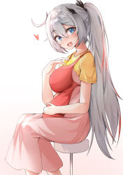 Rule 34 | 1girl, :d, absurdres, apron, blouse, blue eyes, breasts, closed mouth, commentary request, dress, gr greeze, gradient background, grey hair, hair between eyes, hair ornament, hand on own stomach, head tilt, heart, highres, honkai (series), honkai impact 3rd, kiana kaslana, kiana kaslana (herrscher of flamescion), large breasts, long hair, looking at viewer, multicolored hair, open mouth, pink dress, ponytail, pregnant, red apron, red hair, shirt, short hair, short sleeves, simple background, sitting, smile, solo, stool, streaked hair, teeth, upper teeth only, white background, yellow shirt
