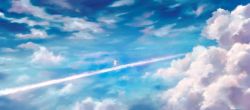 Rule 34 | 1girl, bad id, bad pixiv id, balancing, blue sky, blue theme, brown hair, cloud, cloudy sky, commentary request, day, dress, notant, original, outstretched arms, road, scenery, sky, solo, spread arms, surreal, walking, white dress