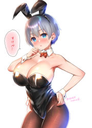 Rule 34 | 1girl, animal ears, black leotard, blue eyes, blush, bow, bowtie, breasts, brown pantyhose, commentary request, cowboy shot, detached collar, fake animal ears, grey hair, hair between eyes, hand on own hip, highres, large breasts, leotard, looking at viewer, nanase meruchi, pantyhose, playboy bunny, rabbit ears, rabbit tail, red bow, red bowtie, short hair, simple background, solo, strapless, strapless leotard, tail, twitter username, uzaki-chan wa asobitai!, uzaki hana, white background, wrist cuffs