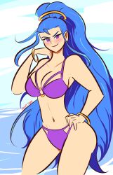 Rule 34 | 1girl, absurdres, amazon pandora, beach, blue hair, blush, bracelet, breasts, cleavage, giant tabby, highres, jewelry, kid icarus, kid icarus uprising, large breasts, lipstick, long hair, looking at viewer, makeup, navel, nintendo, purple eyes, signature, smile, solo, tagme, thick thighs, thighs, wide hips