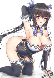 Rule 34 | 1girl, alternate breast size, armpits, ass, bare shoulders, black hair, black thighhighs, boots, bottomless, breasts, bridal gauntlets, cleavage, detached collar, detached sleeves, dress, elbow gloves, frills, garter straps, gloves, hair between eyes, hair ornament, hair ribbon, highres, large breasts, long hair, looking at viewer, neptune (series), noire (neptunia), red eyes, ribbon, ryakusun, smile, solo, thigh boots, thighhighs, thighhighs under boots, twintails, very long hair