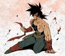 Rule 34 | 1boy, armor, bad id, bad pixiv id, bandana, bardock, black eyes, black hair, blood, blood on face, boots, broken armor, clenched hand, dragon ball, frown, full body, gradient background, hano (hanos91), male focus, nipples, scar, serious, shadow, short hair, simple background, sitting, solo, spiked hair, wristband