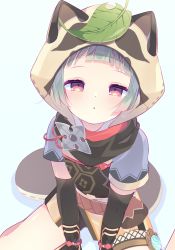Rule 34 | 1girl, animal ears, animal hood, arm guards, bad id, bad pixiv id, black gloves, black scarf, blunt bangs, commentary request, elbow gloves, fake animal ears, fake tail, from above, genshin impact, gloves, hood, japanese clothes, koori, leaf, leaf on head, looking at viewer, looking up, ninja, obi, parted lips, purple eyes, raccoon ears, raccoon tail, sash, sayu (genshin impact), scarf, short hair, shuriken, sidelocks, silver hair, simple background, sitting, solo, tail, vision (genshin impact), wariza, weapon, white background