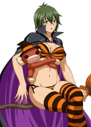 Rule 34 | 00s, 1girl, artist request, bikini, breasts, cape, female focus, green hair, highres, ikkitousen, kyocho chuukou, large breasts, shiny skin, short hair, sitting, solo, swimsuit, witch