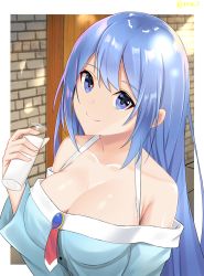 Rule 34 | 1girl, alternate costume, alternate hairstyle, aqua (konosuba), bare shoulders, blue eyes, blue hair, bottle, breasts, cleavage, collarbone, commentary, commentary request, face, hair ornament, highres, holding, holding bottle, kono subarashii sekai ni shukufuku wo!, large breasts, long hair, looking at viewer, milk, off-shoulder shirt, off shoulder, pajamas, rinse 7, shirt, smile, solo