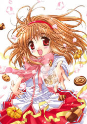 Rule 34 | 1girl, candy, checkerboard cookie, cookie, food, hairband, jar, kanon, petals, red eyes, ribbon, sato-pon, skirt, solo, tsukimiya ayu, wind