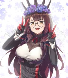 Rule 34 | 1girl, absurdres, android, bad id, bad twitter id, black-framed eyewear, black dress, black headwear, blush, breasts, brown hair, collar, commentary, double v, dress, flower, framed breasts, frilled collar, frills, glasses, hair flower, hair ornament, highres, hololive, long hair, looking at viewer, mechanical arms, medium breasts, neck ribbon, official alternate costume, open mouth, parted bangs, red ribbon, ribbon, roboco-san, roboco-san (dark bride), round eyewear, shinomu (cinomoon), simple background, smile, solo, teardrop-framed glasses, upper body, v, virtual youtuber, white background, yellow eyes