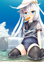 Rule 34 | 10s, 1girl, absurdres, blue eyes, ebi (il14021), food, gradient background, hat, hibiki (kancolle), highres, kantai collection, long hair, popsicle, school swimsuit, shirt, silver hair, sitting, solo, swimsuit, swimsuit under clothes, verniy (kancolle), wariza, wet, wet clothes, wet shirt