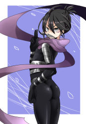 Rule 34 | 1boy, ahoge, armor, ass, black hair, blue background, bodysuit, cowboy shot, eyebrows, facepaint, facial mark, folded ponytail, from behind, from side, gloves, grey eyes, hair between eyes, highres, kuji-in, kunai, looking at viewer, looking back, male focus, mouth hold, ninja, one-punch man, onsoku no sonic, parted bangs, scarf, seitarou, short hair, simple background, skin tight, solo, trap, weapon