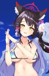 Rule 34 | 1girl, :d, aku oribi, animal ear fluff, animal ears, black hair, blue archive, blue sky, blunt bangs, blurry, bracelet, breasts, cleavage, cloud, cloudy sky, collarbone, colored inner hair, commentary request, depth of field, eyeshadow, flower, fox ears, fox girl, hair bun, hair flower, hair ornament, halo, hand up, head tilt, highres, interlocked fingers, jacket, jacket on shoulders, jewelry, large breasts, long hair, looking at viewer, makeup, multicolored hair, navel, official alternate costume, open mouth, own hands together, red eyeshadow, side ponytail, sidelocks, single side bun, sky, smile, solo, spaghetti strap, stomach, swimsuit, two-tone hair, wakamo (blue archive), wakamo (swimsuit) (blue archive), water drop, wet, wet clothes, wet swimsuit, yellow eyes