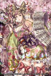 Rule 34 | 1girl, aqua eyes, blonde hair, bow, breasts, brush, cleavage, detached sleeves, drill hair, floral print, flower, garter straps, gem, gradient hair, green eyes, hair ornament, hair stick, highres, japanese clothes, kanzashi, kimono, light brown hair, lipstick, long hair, looking at viewer, low-tied long hair, makeup, medium breasts, mito amatsu, multicolored hair, nail polish, official art, paper, parted lips, pink nails, red bow, sengoku hanafuda kassen, solo, standing, thighhighs, very long hair, watermark, wide sleeves