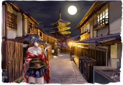 Rule 34 | 1girl, alternate costume, architecture, black thighhighs, breasts, cityscape, commentary request, east asian architecture, eyepatch, floral print, full moon, hair ornament, highres, japanese clothes, kantai collection, kimono, kyoto, large breasts, moon, nakura haru, night, off shoulder, oiran, outdoors, pagoda, purple hair, red kimono, road, short hair, smile, solo, street, tenryuu (kancolle), thighhighs, wide sleeves, yellow eyes