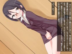 Rule 34 | 1girl, black hair, brown eyes, buttons, dutch angle, formal, geppuntei dappun, glasses, have to pee, highres, jacket, long sleeves, looking at viewer, miniskirt, pencil skirt, red skirt, skirt, solo, suit, teacher, text focus, translation request
