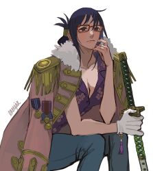 Rule 34 | 1girl, blue hair, coat, coat on shoulders, commentary request, denim, enerjax, epaulettes, floral print shirt, glasses, gloves, hair between eyes, hair bun, highres, holding, holding sword, holding weapon, jeans, looking ahead, medal, one piece, pants, pink coat, purple shirt, shirt, sidelocks, simple background, sitting, solo, sword, tashigi, weapon, white background, white gloves
