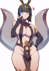 Rule 34 | 1girl, :q, ankh, bad id, bad pixiv id, black gloves, black hair, blue eyes, blush, cleavage cutout, borrowed character, breasts, cleavage, deleted picture, detached sleeves, earrings, egyptian, egyptian clothes, egyptian mythology, elbow gloves, eyeliner, gloves, groin, hand on own hip, headwear request, heart, highres, jewelry, jin rou, looking at viewer, makeup, navel, original, pelvic curtain, revealing clothes, set (mythology), set (romana), short hair, simple background, smile, solo, tongue, tongue out, white background