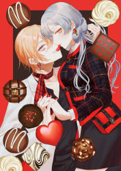 Rule 34 | 2girls, absurdres, bag, black jacket, black skirt, blonde hair, blue bow, blue eyes, blue hair, bow, brown background, candy, chocolate, chocolate heart, collarbone, commentary, earrings, english commentary, food, hair bow, hand in another&#039;s hair, handbag, heart, highres, holding hands, jacket, jewelry, long hair, long sleeves, looking at viewer, mege (megechan), multiple girls, nail polish, orange eyes, orange hair, original, parted lips, plaid, plaid jacket, red bow, red nails, red scarf, scarf, sharing food, skirt, smile, upper body, valentine, white jacket, yuri