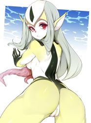 Rule 34 | 1girl, ao no roku-gou, ass, bad id, bad twitter id, black skin, blush, colored skin, dress, facial mark, fins, forehead mark, from behind, grey hair, head fins, highres, looking at viewer, looking back, monster girl, multicolored skin, mutio, pointy ears, pussy, red eyes, shiny skin, slugbox, solo, tentacles, therianthrope, underwater, white skin, yellow skin