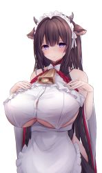 Rule 34 | 1girl, absurdres, animal ears, azur lane, bare shoulders, blush, breasts, brown hair, embarrassed, hair ornament, hands on own chest, highres, huge breasts, kashino (azur lane), kashino (maid for mayhem) (azur lane), long hair, looking at viewer, purple eyes, solo, standing, white background, yuuki shuri