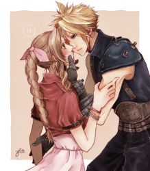 Rule 34 | !, !!, 1boy, 1girl, aerith gainsborough, armor, artist name, belt, blonde hair, blue eyes, blue pants, blue shirt, border, braid, braided ponytail, brown background, brown hair, cloud strife, couple, cropped jacket, dress, final fantasy, final fantasy vii, final fantasy vii remake, gloves, green eyes, hair between eyes, hair ribbon, hand on another&#039;s arm, hand on another&#039;s chin, hetero, highres, imminent kiss, jacket, leaning forward, long hair, looking at another, multiple belts, muscular, muscular male, pants, parted bangs, parted lips, pink dress, pink ribbon, puffy short sleeves, puffy sleeves, red jacket, ribbon, shirt, short hair, short sleeves, shoulder armor, sidelocks, sleeveless, sleeveless turtleneck, spiked hair, turtleneck, wavy hair, yco 030601