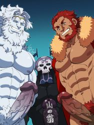 Rule 34 | 3boys, abs, bara, bare pectorals, beard, blue sclera, cape, censored, censored by text, colored sclera, completely nude, dark-skinned male, dark penis, dark skin, erection, facial hair, fate/grand order, fate/zero, fate (series), fur-trimmed cape, fur trim, grin, hair intakes, highres, iskandar (fate), king hassan (fate), large pectorals, long beard, long hair, looking at viewer, looking down, male focus, mask, mature male, multiple boys, muscular, muscular male, navel, navel hair, nipples, nude, pale skin, pectorals, penis, red cape, red eyes, red hair, shirako (kirupi), short hair, skull, skull mask, smile, stomach, take your pick, translation request, uncensored, veins, veiny penis, very long hair, white hair, zeus (fate)