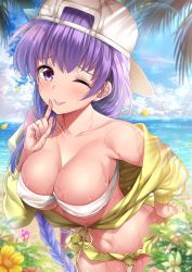 Rule 34 | 10s, 1girl, backwards hat, bare shoulders, baseball cap, bb (fate), bb (fate) (all), bb (swimsuit mooncancer) (fate), bb (swimsuit mooncancer) (first ascension) (fate), beach, bikini, bikini top only, blue sky, blush, braid, breasts, cleavage, collarbone, cropped jacket, day, fate/extra, fate/extra ccc, fate/grand order, fate (series), finger to mouth, flower, garana, hand on own hip, hat, hat ornament, highres, hip focus, index finger raised, jacket, large breasts, long hair, looking at viewer, navel, ocean, off shoulder, one eye closed, palm tree, purple eyes, purple hair, shushing, skirt, sky, smile, solo, star (symbol), star hat ornament, sunlight, sweat, swimsuit, tongue, tongue out, tree, very long hair, white bikini, white hat, yellow jacket, yellow skirt
