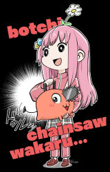 Rule 34 | 1girl, absurdres, animal, black background, bocchi the rock!, brown footwear, chainsaw, chainsaw man, chibi, commentary, cube hair ornament, dog, english text, flower, flower on head, full body, gotoh hitori, hair ornament, highres, holding, holding animal, holding dog, jacket, long hair, long sleeves, looking at viewer, nandemo iu koto wo kiite kureru akane-chan (voiceroid), one side up, open mouth, pants, pants under skirt, pink hair, pink jacket, plaid, plaid skirt, pleated skirt, pochita (chainsaw man), romaji text, season connection, simple background, skirt, smile, solo, standing, track jacket, typo, ur (wulfa)