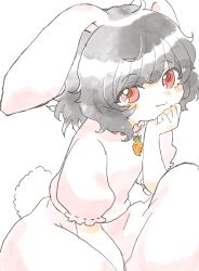 Rule 34 | 1girl, animal ears, black hair, carrot necklace, dress, flat chest, head rest, highres, inaba tewi, jewelry, looking at viewer, medium hair, necklace, pink dress, rabbit ears, rabbit girl, rabbit tail, red eyes, sanunu36, simple background, solo, tail, touhou, white background