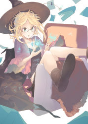 Rule 34 | 1girl, blonde hair, book, glasses, green eyes, hat, highres, la-na, magic, open mouth, original, paper, rimless eyewear, short hair, solo, wind, witch hat