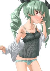 Rule 34 | 1girl, absurdres, anchovy (girls und panzer), black ribbon, black shirt, blush, bow, bow panties, bra, breasts, camisole, closed mouth, commentary request, cowboy shot, dress shirt, drill hair, frilled bra, frills, frown, girls und panzer, green bra, green hair, green panties, groin, hair ribbon, hand in own hair, head tilt, helmet (trailblazer003), highres, long hair, long sleeves, looking at viewer, lowleg, lowleg panties, no pants, off shoulder, panties, red eyes, ribbon, shirt, simple background, sleeves rolled up, small breasts, solo, standing, strap slip, twin drills, twintails, underwear, undressing, white background, white shirt