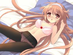 Rule 34 | 1girl, alice (alice parade), alice parade, bed, blush, bra, brown eyes, brown hair, crotch seam, game cg, highres, ito noizi, lingerie, long hair, lying, miori (alice parade), panties, panties under pantyhose, pantyhose, pillow, pink bra, pink panties, solo, underwear, underwear only, very long hair