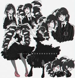 Rule 34 | 2girls, addams family, alternate costume, animal ears, animification, arm up, artist name, black bow, black dress, black nails, black necktie, boots, bow, braid, cat ears, celestia ludenberg, collared shirt, criis-chan, cropped torso, danganronpa: trigger happy havoc, danganronpa (series), dress, drill hair, from side, hair bow, hand up, high heels, jacket, long hair, long sleeves, multiple girls, multiple views, nail polish, necktie, pantyhose, puffy short sleeves, puffy sleeves, shirt, shoes, short sleeves, simple background, striped clothes, striped jacket, twin braids, twin drills, twintails, twitter username, upper body, wednesday (netflix), wednesday addams, white background