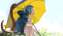 Rule 34 | 1girl, alternate costume, arm support, blue jacket, blue sky, closed mouth, commentary, expressionless, feet out of frame, flower, from side, grass, hand on own chin, highres, holding, holding umbrella, hood, hooded jacket, jacket, jacket on shoulders, karakasa obake, leaning forward, outdoors, profile, shirt, short hair, sitting, sky, solo, t-shirt, tatara kogasa, teasmacker, touhou, umbrella, white shirt
