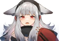 Rule 34 | 1girl, andou yuna, animal ears, arknights, beanie, black hat, blush, commentary request, crying, ears through headwear, fox ears, fox girl, fox tail, frostleaf (arknights), grey hair, hat, headphones, headphones over headwear, highres, implied extra ears, jacket, long hair, looking at viewer, material growth, off-shoulder shirt, off shoulder, open mouth, oripathy lesion (arknights), red eyes, red jacket, red nails, sharp teeth, shirt, simple background, sleeves past wrists, solo, tail, teeth, white background, woollen cap