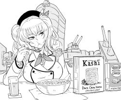Rule 34 | absurdres, bb (baalbuddy), beret, bowl, box, breakfast, cereal, cereal box, cup, english text, epaulettes, frilled sleeves, frills, glass, greyscale, hat, highres, kantai collection, kashima (kancolle), kerchief, monochrome, spoon, twintails, wavy hair