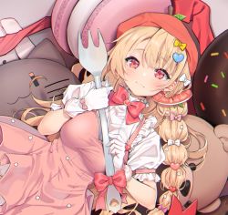 Rule 34 | 1girl, agnamore, bad id, bad pixiv id, blonde hair, blush, bow, braid, breasts, closed mouth, clothing cutout, dress, fork, hair between eyes, hair bow, hair ornament, hat, heart, heart cutout, heart hair ornament, highres, holding, holding fork, long hair, looking at viewer, medium breasts, original, pink dress, puffy short sleeves, puffy sleeves, red bow, red eyes, red hat, shirt, short sleeves, single braid, sleeveless, sleeveless dress, smile, solo, very long hair, white bow, white shirt, yellow bow