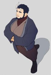 Rule 34 | 1boy, alternate costume, bara, beard, broken horn, crossed arms, demon boy, demon horns, facial hair, from above, full body, haori, highres, horns, japanese clothes, kansuke (kansuke 717), kimono, large pectorals, light smile, live a hero, looking up, male focus, mature male, muscular, muscular male, nessen (live a hero), pectoral lift, pectorals, shadow, short hair, solo, thick eyebrows