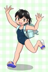 Rule 34 | 1girl, :3, absurdres, backpack, bag, black hair, blue footwear, blue one-piece swimsuit, blush, brown eyes, collarbone, fang, flip-flops, green background, highres, marup, one-piece swimsuit, open mouth, plaid, plaid background, randoseru, running, sandals, school swimsuit, shirt, short hair, smile, swimsuit, tan