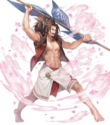 Rule 34 | 1boy, abs, barefoot, brown eyes, brown hair, cherry blossoms, fire emblem, fire emblem fates, fire emblem heroes, full body, highres, long hair, male focus, navel, nintendo, official art, open clothes, open mouth, open shirt, p-nekor, petals, polearm, ponytail, ryoma (fire emblem), solo, teeth, transparent background, weapon