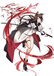 Rule 34 | 1girl, animal ear fluff, animal ears, black footwear, brown hair, collarbone, dress, full body, high heels, highres, imaizumi kagerou, juliet sleeves, long hair, long sleeves, looking at viewer, open mouth, po (anhk5528), puffy sleeves, red dress, red eyes, simple background, solo, touhou, two-tone dress, white background, white dress, wolf ears, wolf girl