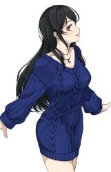 Rule 34 | 1girl, alternate hair color, aran sweater, black hair, blue dress, breasts, cable knit, collarbone, dress, gatsby ssl, highres, idolmaster, idolmaster cinderella girls, long hair, long sleeves, looking at viewer, medium breasts, ohishi izumi, profile, red eyes, sideways glance, simple background, solo, straight hair, sweater, sweater dress, very long hair, white background