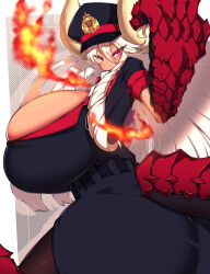 Rule 34 | 1girl, ass, breasts, bursting breasts, claws, cleavage, dragon claw, dragon girl, dragon tail, drill hair, drill sidelocks, female focus, fire, floating hair, gigantic breasts, hair between eyes, hat, highres, horns, huge horns, long hair, looking at viewer, military hat, monster girl, no nose, original, pantyhose, pink eyes, polka dot, polka dot background, profile, scales, short sleeves, sidelocks, skindentation, slit pupils, solo, tail, tan, thick thighs, thighs, white hair, yasume (cheap melon soda)