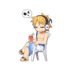 Rule 34 | 1boy, blonde hair, blue swim trunks, chibi, closed eyes, closed mouth, cocktail, crossed legs, cup, drinking straw, full body, headphones, holding, holding cup, male focus, medium bangs, monobloc (chair), musical note, no nipples, official art, poring, ragnarok online, sandals, short hair, simple background, sitting, smile, solo, spoken musical note, topless male, transparent background, yuichirou