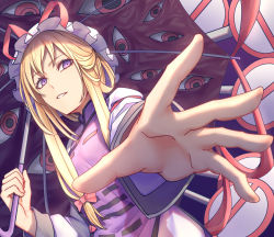 Rule 34 | 1girl, aiming, aiming at viewer, arm strap, blonde hair, bow, constricted pupils, dress, from below, gap (touhou), grin, hair bow, hair up, hat, hat ribbon, highres, holding, holding umbrella, long sleeves, looking at viewer, mob cap, purple background, purple eyes, purple theme, reaching, red bow, red eyes, red ribbon, ribbon, road sign, short hair with long locks, sidelocks, sign, simple background, smile, solo, tabard, touhou, trigram, umbrella, upper body, white dress, yakumo yukari, yangsan (2991076090)