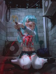 Rule 34 | 1girl, absurdres, air conditioner, aqua hair, blood, blood on face, bloody knife, breasts, cable, crying emoji, emoji, female focus, foreshortening, full body, glasses, graffiti, guro, hair ornament, hairpin, heart, highres, holding, holding knife, hsch, injury, knees together feet apart, knife, long hair, long sleeves, looking at viewer, midriff, miniskirt, navel, neckerchief, night, open mouth, original, outdoors, pleated skirt, round eyewear, sailor collar, school uniform, serafuku, shirt, sitting, skirt, small breasts, solo, suicide, teeth, thighhighs, twintails, upper teeth only, wariza, white shirt, white thighhighs, yellow eyes